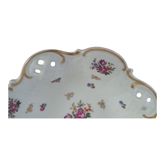 Reichenbach Bone China Bowl Footed 11" White Floral Gold Trim Germany GDR VTG - Picture 6 of 9